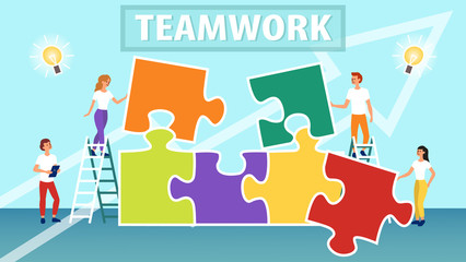 Business Teamwork template. The team is Connecting Puzzle Pieces. Creative Solutions, Collaboration and Partnership.