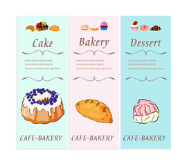 Bakery and pastry shop desserts banner set with text. Fresh sweet foods cupcakes, donuts and other baking products