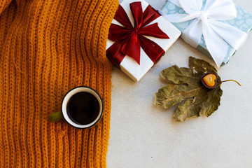 gift boxes and cup coffee for christmas concept