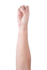  Male asian hand gestures isolated over the white background. Grab Round Thing with five fingers Action.