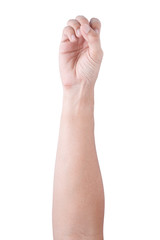  Male asian hand gestures isolated over the white background. Grab Round Thing with five fingers Action.