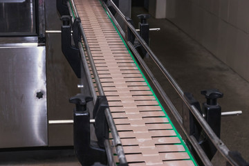 Industrial conveyor belt on which empty bottles move in the production of carbonated drinks