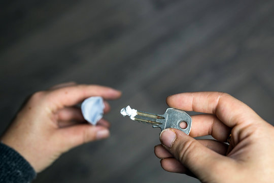 Key used For Taking Bumps Of Drugs, snorting cocaine or speed addiction concept