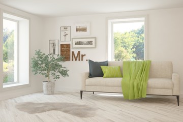 Stylish room in white color with sofa and summer landscape in window. Scandinavian interior design. 3D illustration