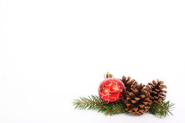  Christmas ornament, pine cones and Christmas tree branch on white background.
