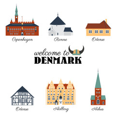 Landmark of Denmark Copenhagen City Hall, Museum Of Andersen, Cathedral of Aarhus, Round Church Bornholm, House Of Jens Bang In Aalborg, Museum Funen village of Odense cartoon vector illustration
