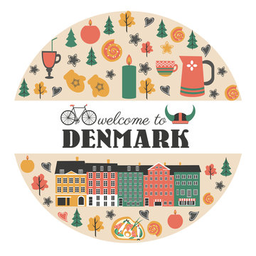Danish symbols set in round frame with traditional food, travel icons vector illustration isolated, Nordic country landmark Copenhagen City Hall, candles, food, sweet, tableware, clothing for design