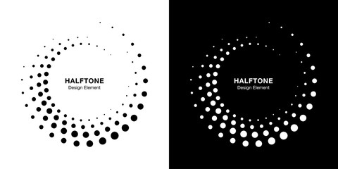 Halftone circular dotted frames set. Circle dots isolated on the white background. Logo design element for medical, treatment, cosmetic. Round border using halftone circle dots texture. Vector bw.