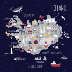 Cartoon map of Iceland, Nordic country geographic wallpaper, Icelandic landmarks, animals, food national symbols, vector cute illustration decorative poster, flat style for travel design and kids