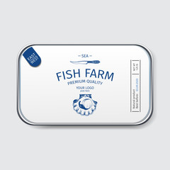 Packaging for seafood. Label for boxing natural products. Scallops.