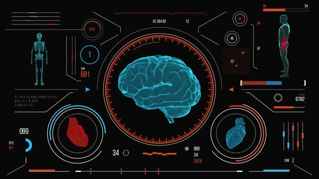 Human brain scan. Futuristic medical user interface with HUD and infographic elements. Virtual technology background. Head-up display template for business, games, motion design, web and app.
