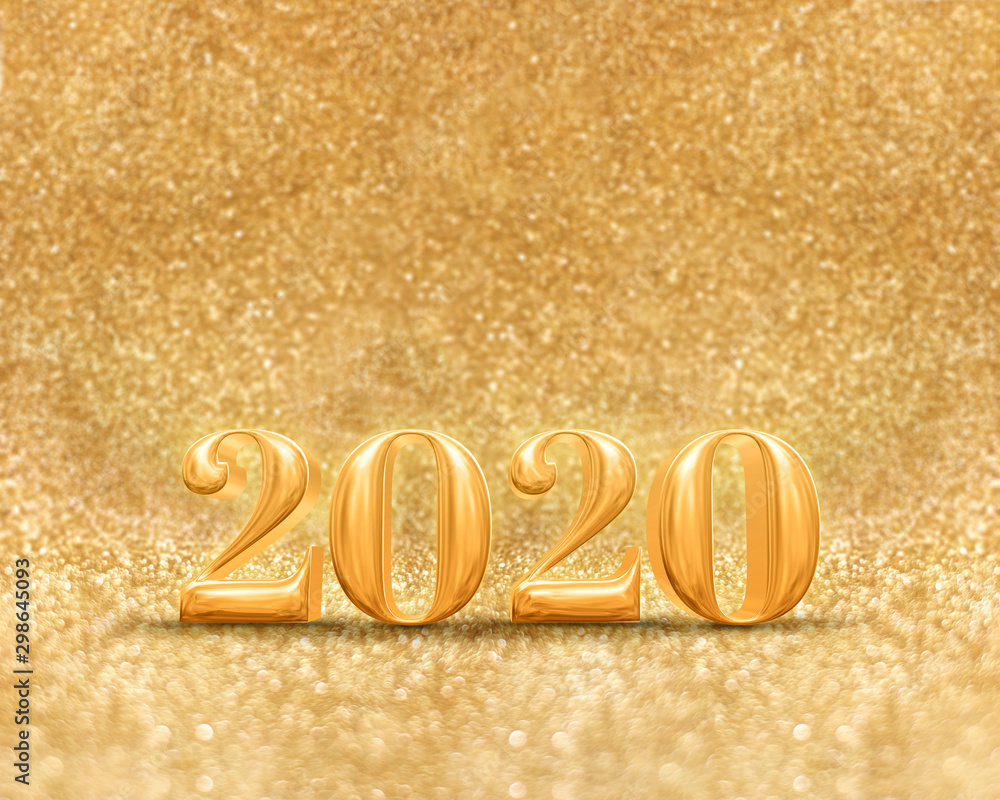 Poster happy new year 2020 year gold number ( 3d rendering ) at sparkling golden glitter studio background 