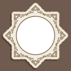 Vintage gold round frame with jewellery border pattern, antique jewelry label with diamonds, circle decoration for wedding invitation card