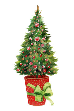 christmas tree on isolated white background, watercolor illustration