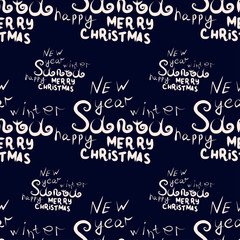 Seamless vector pattern illustration on a blue background with white inscriptions. For the use of fashion,  clothes, prints, posters, graphics, fabrics, umbrellas and others. Santa, Merry Christmas.