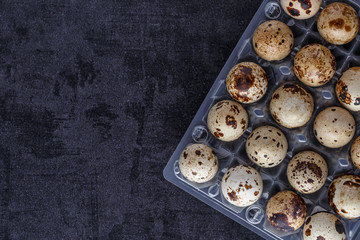 small motley quail eggs in transparent plastic packages.Open space, healthy food concept, plants, soil, organic natural products, natural food, vegetarian dishes, vegetables, raw