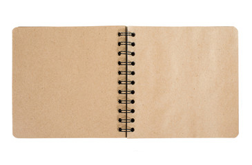 Open blank square notebook from brown craft paper with a spiral lies on a white background, top view