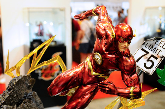 KUALA LUMPUR, MALAYSIA -MARCH 24, 2017: Fiction character of The Flash from DC movies and comic. The Flash action figure toys in the various sizes displayed by the collector for the public.