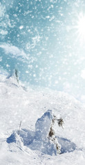 Abstract winter christmas background with shiny snow and blizzard. Space for text. Vertical for stories
