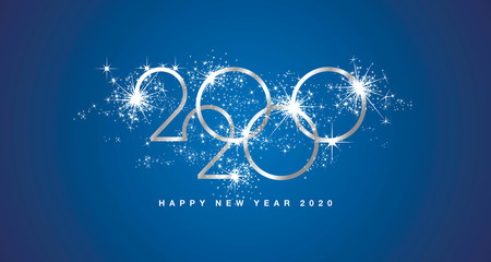 Happy New Year 2020 modern design with sparkle firework silver white blue greeting card