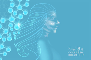 Hyaluronic acid hair and skin solutions ad, blue collagen concept with cosmetic advertising background ready to use, illustration vector.	