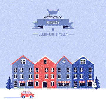 Norwegian travel cartoon vector winter greeting card, Norway landmark Bryggen, Bergen, Scandinavian decorative cityscape flat style, urban landscape for holiday design, poster with european building