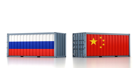 Two freight container with Russia and China flag. 3D Rendering