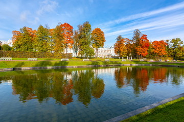 Catherine palace and park in autumn foliage, Tsarskoe Selo (Pushkin), St. Petersburg, Russia