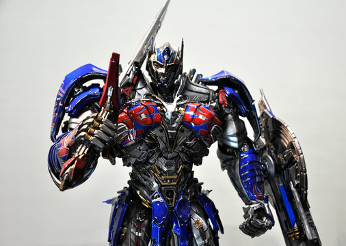 KUALA LUMPUR, MALAYSIA -APRIL 07, 2018:  Fictional character Optimus Prime action figure in the Transformers franchise. Protagonist character from the Autobots team. Display for pubic by action figure