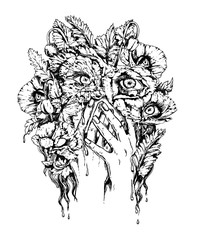 Vintage hand drawn black and white woman face covered by hands in poppy flowers with tears. 