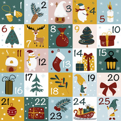 Fototapeta na wymiar advent calendar with christmas decorations and christmas gnomes - vector illustration, eps