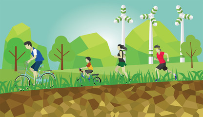 Ecology of A group of people exercising, running and cycling on the grass in a fertile environment. There are wind turbines and mountains in the background. Under ground use polygon style.