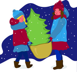 girls with christmas tree and snow