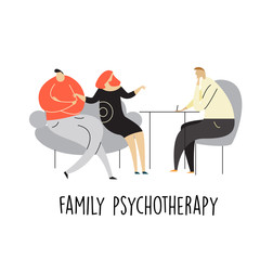 Family psychotherapy. Flat vector illustration of a couple sitting on a sofa and talking with psychologist.
