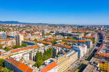 Fototapeta na wymiar Aerial drone view of city centre on sunny summer day, Zagreb, Croatia