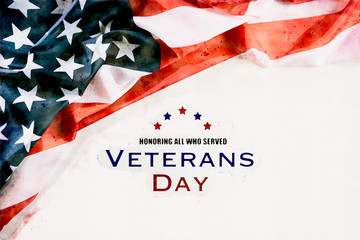Watercolor painting Happy Veterans Day. American flags against a white background.
