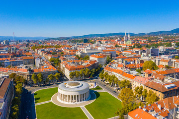 Fototapeta na wymiar Aerial drone view of Mestrovic pavilion, monumental art gallery and city centre on sunny summer day, Zagreb, Croatia