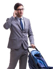 Young businessman nursing child in pram isolated on white