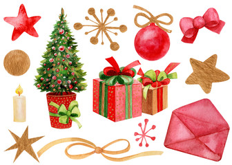 Christmas tree and gifts on an isolated white background, watercolor illustration, Christmas