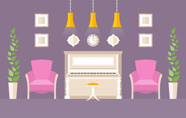 Piano room in flat style. Vector music room with furniture and decor. Lounge area. Vector illustration.