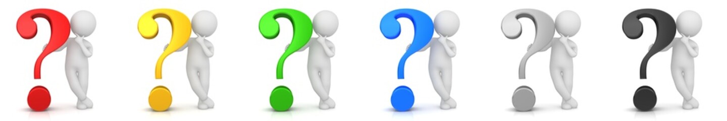 question mark red gold yellow green blue silver black 3d rendering white thinking asking stick figure man