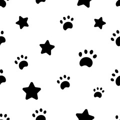 Seamless pattern with black stars and paws in white background. Vector illustration