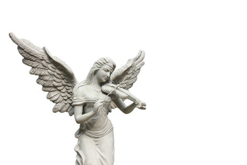 angle statue playing violin isolate on white background.