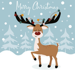 merry christmas poster with deer and trees - vector illustration, eps