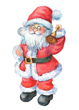 santa claus with bell on isolated white background, watercolor illustration, christmas