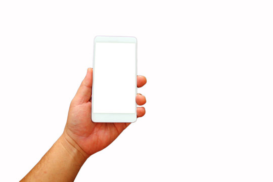 hand holding blank white moile phone isolate on white background.