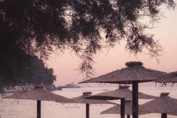 Budva, Montenegro - August 05, 2017: Seashore in the minutes View of Budva at sunset, Montenegro, summer