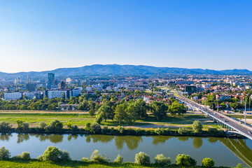 Fototapeta na wymiar Aerial drone view of Sava river on sunny summer day, Zagreb, Croatia
