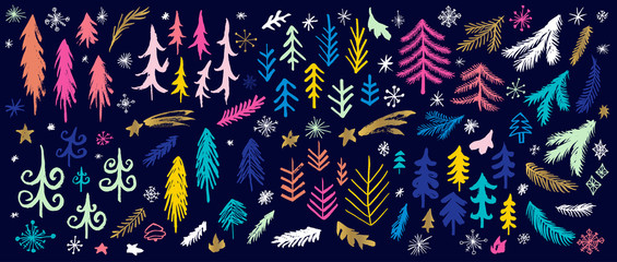 New Year, Christmas tree branches colorful brush strokes sketch markers pen. Christmas different stars frost snowflakes collection. Hand drawn vector illustration.