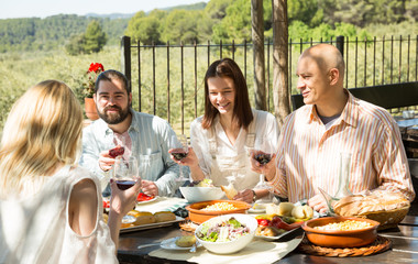Positive middle class people enjoying food and wine on the open-air terrace